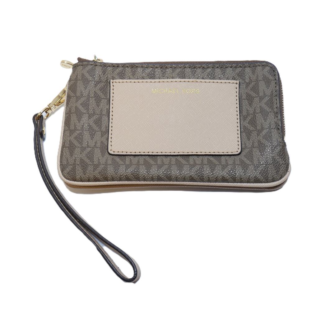 Michael Kors Bedford MK Signature Double Gold Zip Wristlet Wallet Clutch Brown